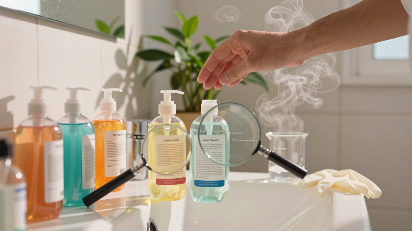 Mãos seguram lupa para analisar frascos de sabonete líquido coloridos em bancada, com vapor e luva branca ao lado.