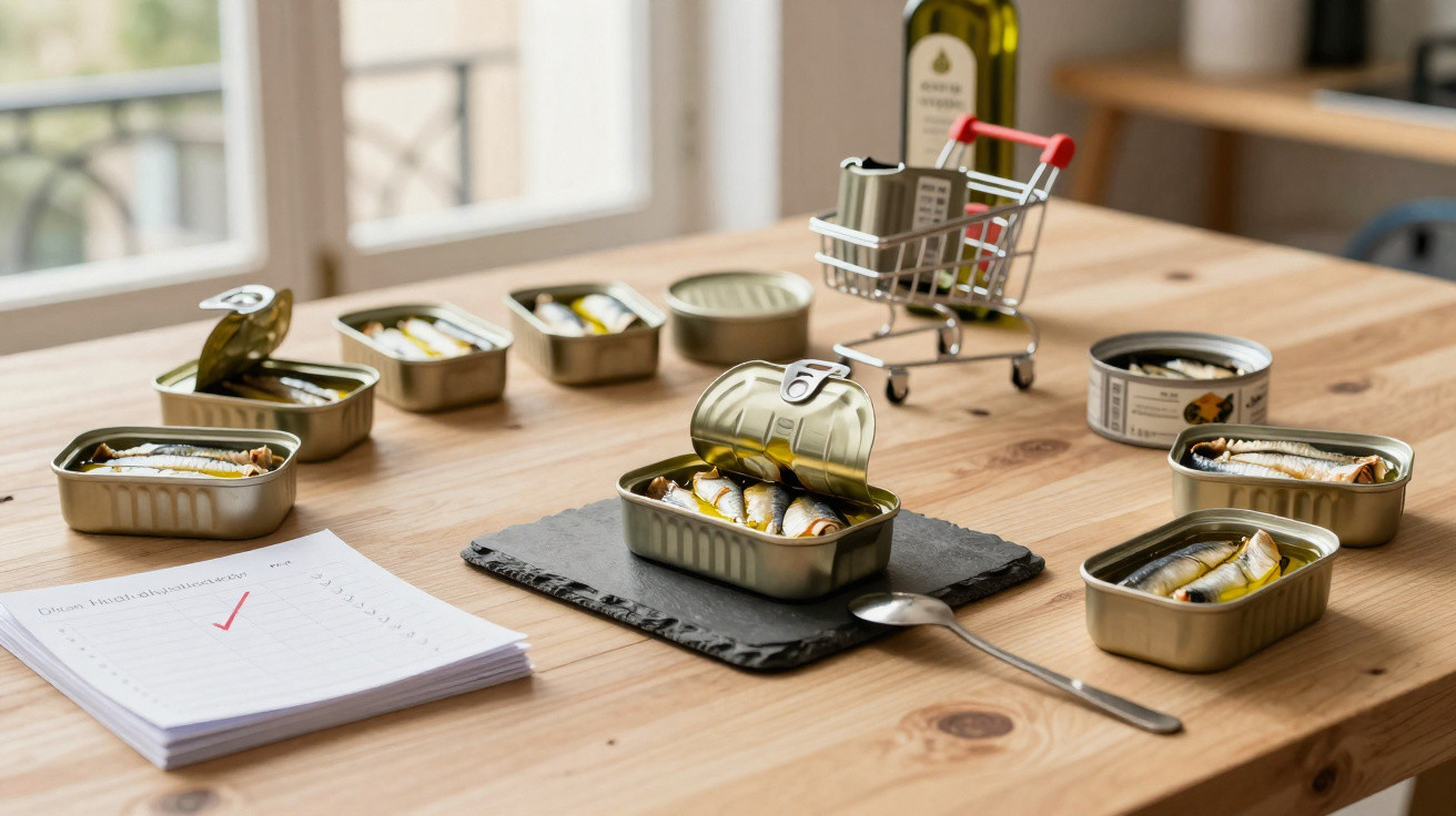 Latas abertas de sardinha em mesa de madeira ao lado de uma miniatura de carrinho de compras e papel com lista.
