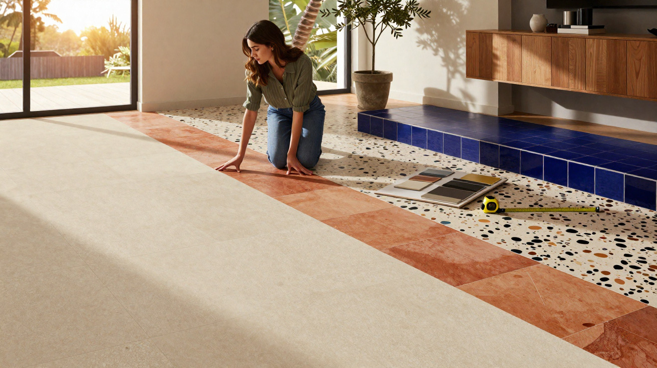 Mulher avaliando diferentes amostras de piso colorido em ambiente moderno com luz natural.