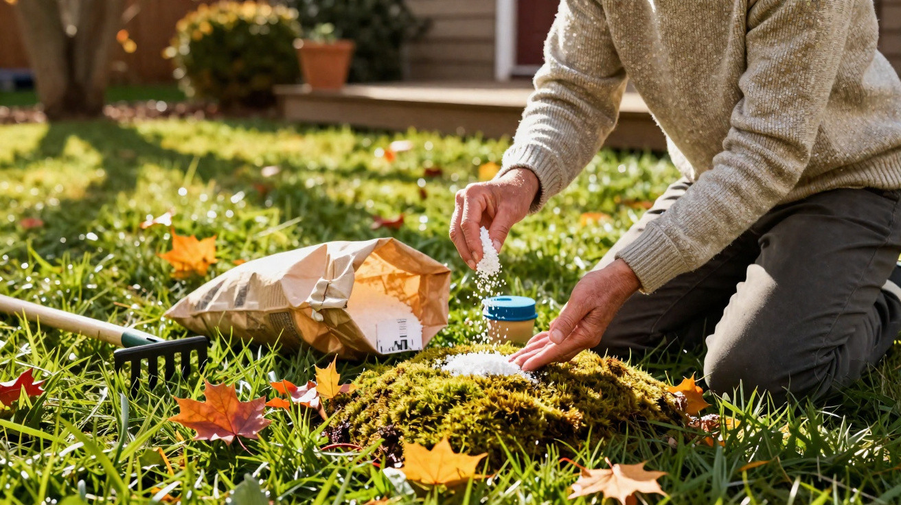 Pessoa aplicando fertilizante granulado em um jardim com folhas caídas e ferramentas ao redor.