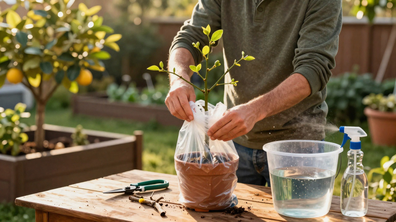 Pessoa transplantando muda de planta em vaso coberto por saco plástico em jardim ensolarado.