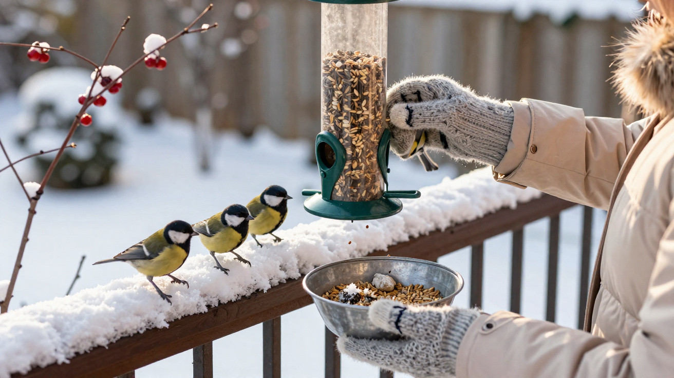 Pessoa alimentando três passarinhos em comedouro suspenso durante inverno com neve.