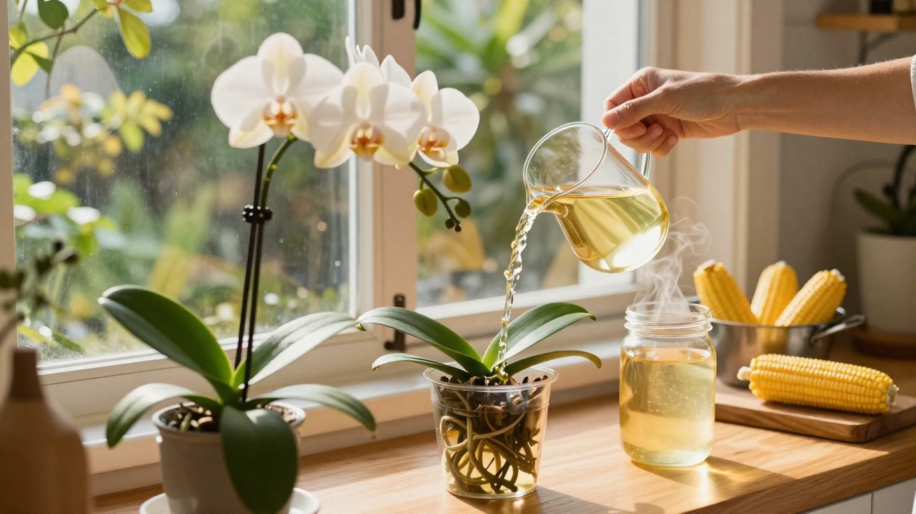 Pessoa regando orquídea branca perto da janela com jarra transparente em cozinha iluminada natural.