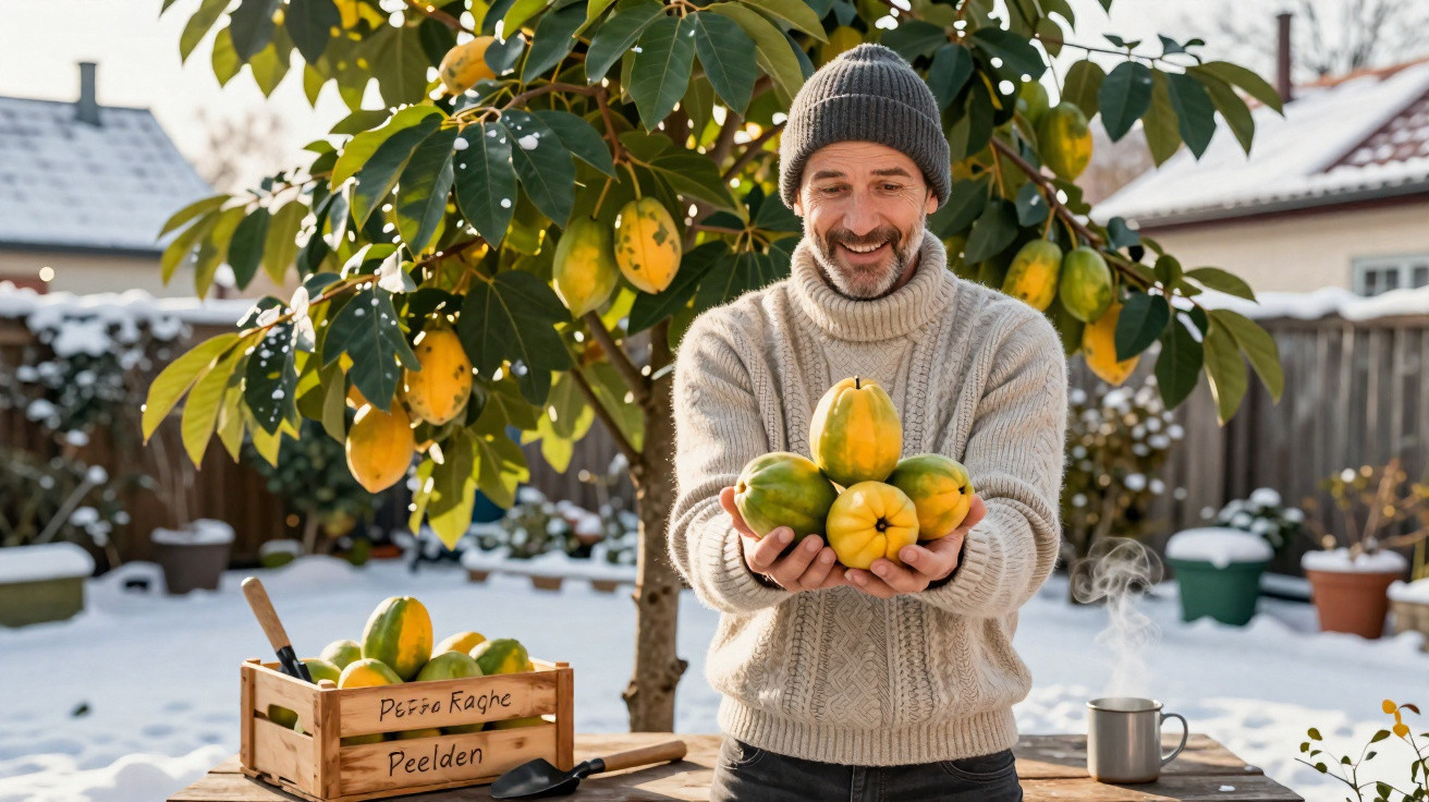 Homem sorridente com suéter e gorro segura frutas amarelas e verdes ao ar livre em jardim com neve.