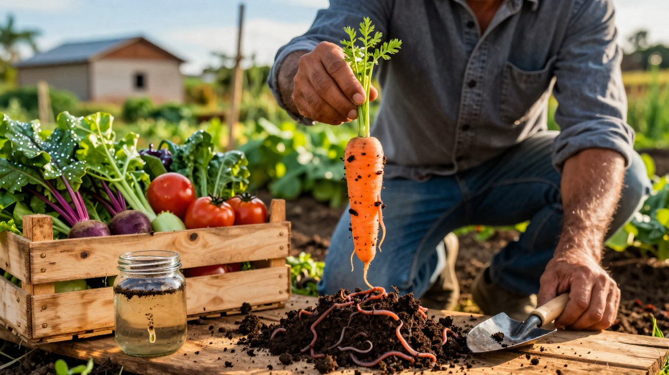 Homem colhendo cenoura fresca na horta, com caixa de legumes ao lado e minhocas na terra.