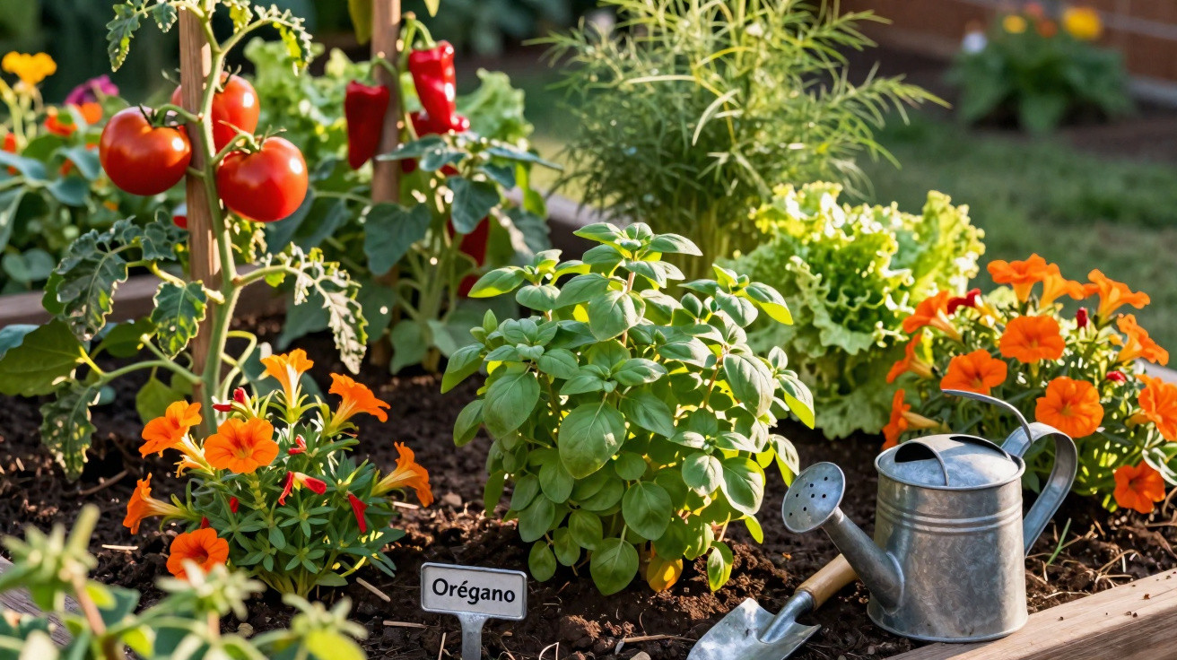 Horta com plantas diversas incluindo orégano, tomate, pimentão, flores laranjas e regador de metal.