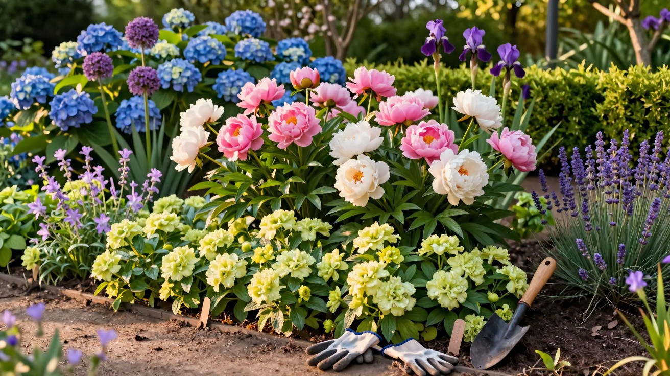 Jardim florido com peônias rosas e brancas, hortênsias azuis, lavanda e luvas e pá de jardinagem no chão.