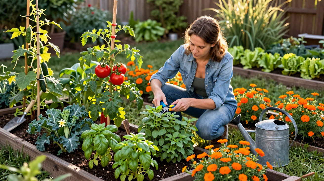 Mulher cuidando de plantas e flores em horta com tomates, manjericão, flores laranjas e regador metálico.