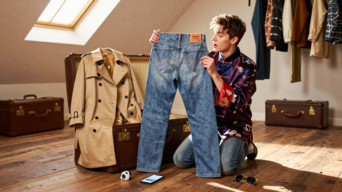 Jovem ajoelhado segurando uma calça jeans em sótão com malas e roupas penduradas ao fundo.