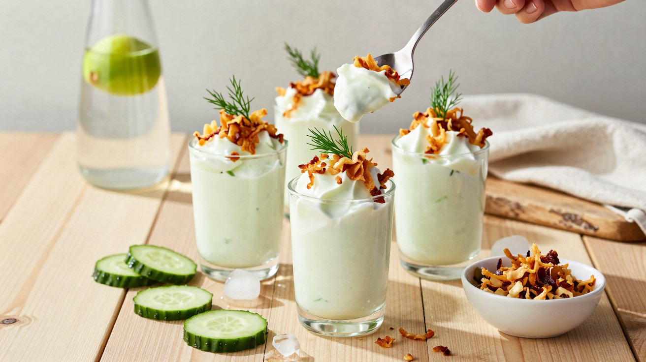 Quatro copos com creme de pepino, decorados com ervas e bacon crocante em mesa de madeira clara.