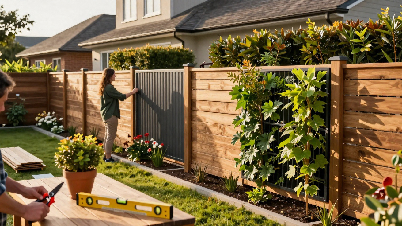 Pessoa instalando cerca de madeira e metal em jardim residencial com plantas e ferramentas.