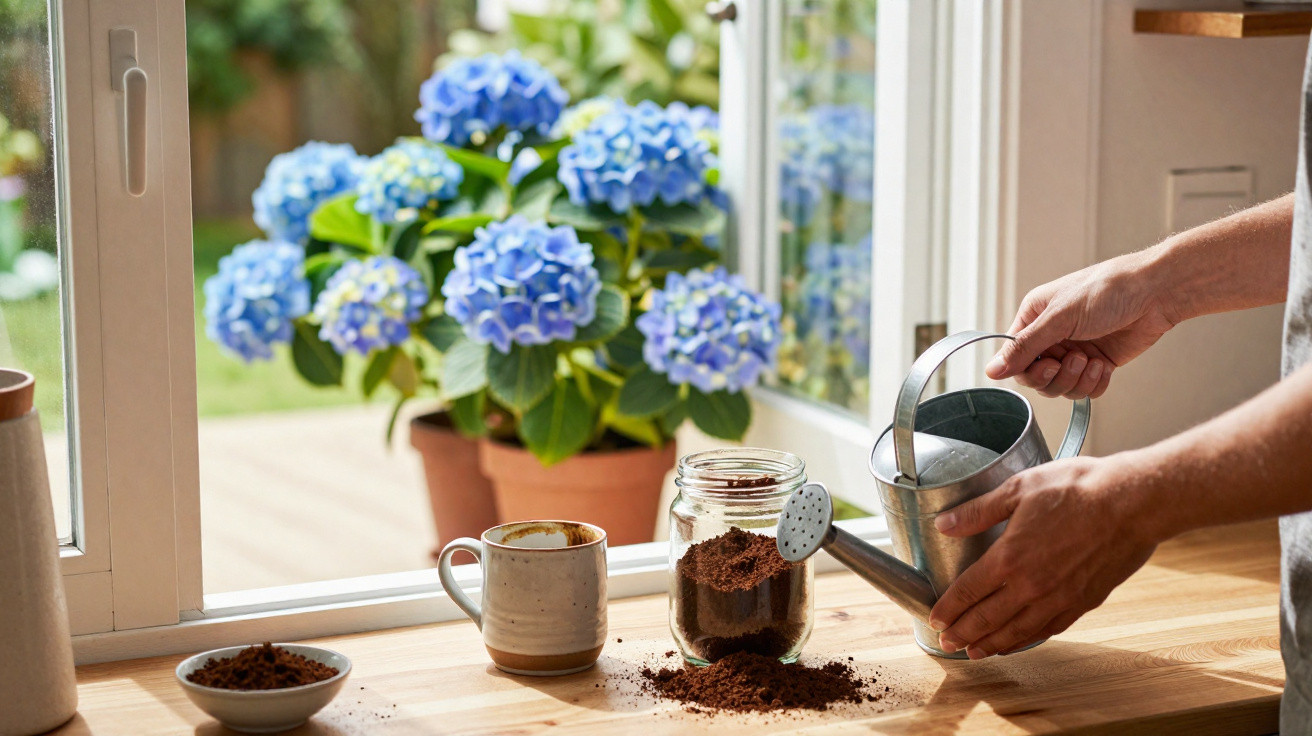 Mãos segurando regador de metal ao lado de jarro com café moído e hortênsias azuis na janela.