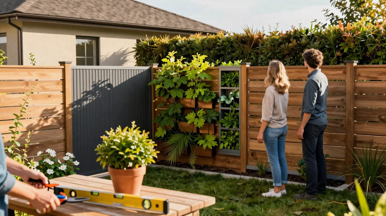 Casal observa cerca de madeira com plantas penduradas no jardim, homem usa nível em mesa de madeira.