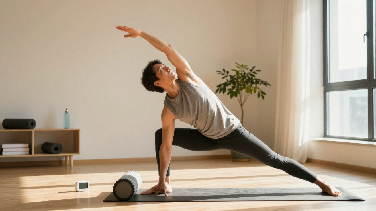 Pessoa fazendo alongamento em tapete de yoga em ambiente claro com janela e decoração minimalista.