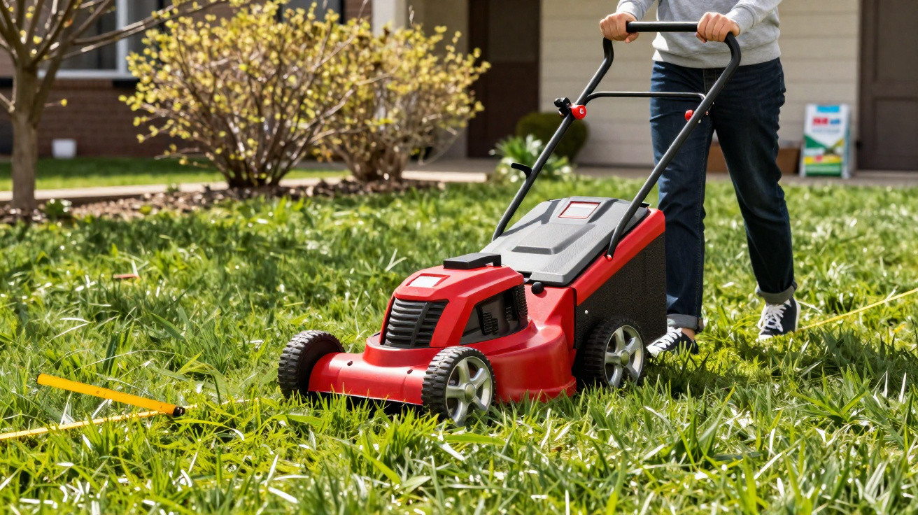 Pessoa cortando a grama do jardim com cortador de grama vermelho elétrico.