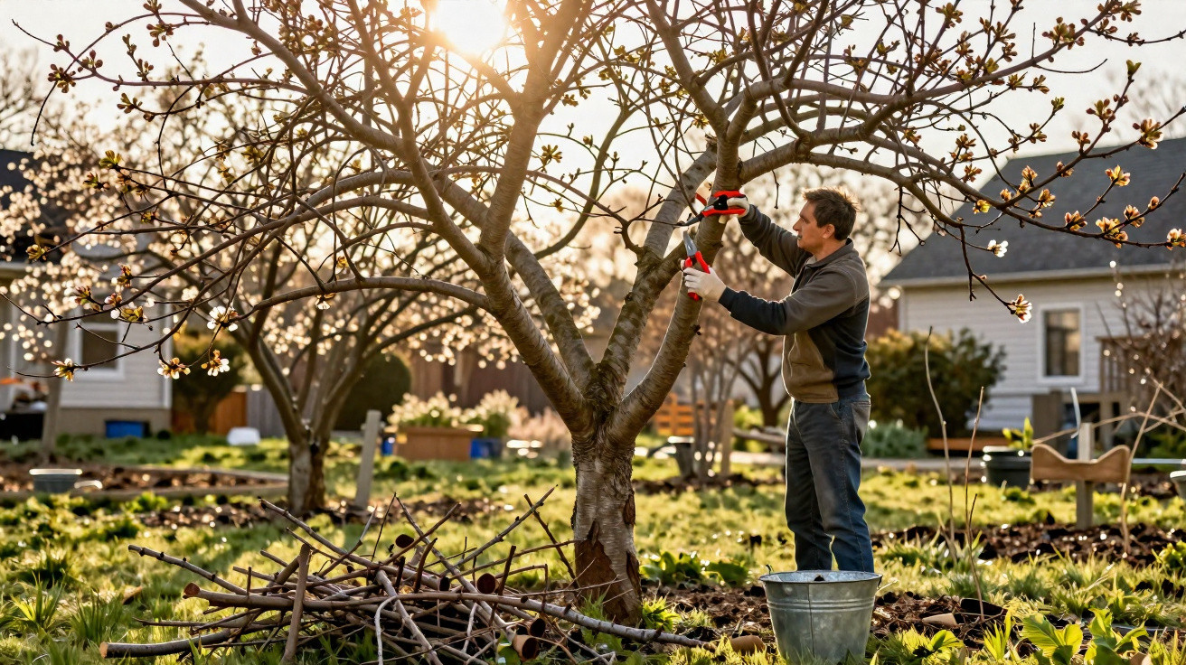 Homem podando galhos de árvore com flores em pomar ensolarado próximo a casas.