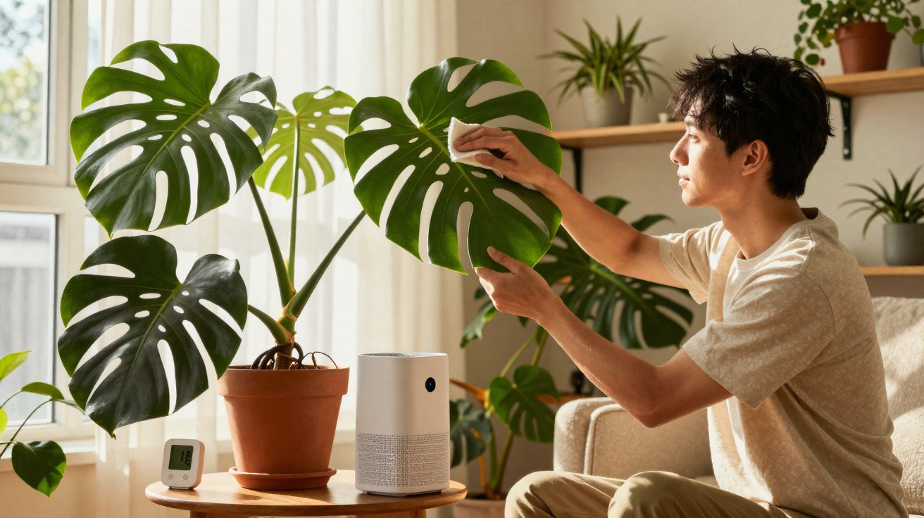 Homem limpando folha grande de planta doméstica ao lado de janela em sala iluminada.