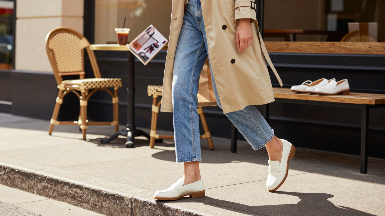 Pessoa caminhando na calçada com jeans, casaco bege e sapatos brancos em frente a café com mesa e cadeiras.