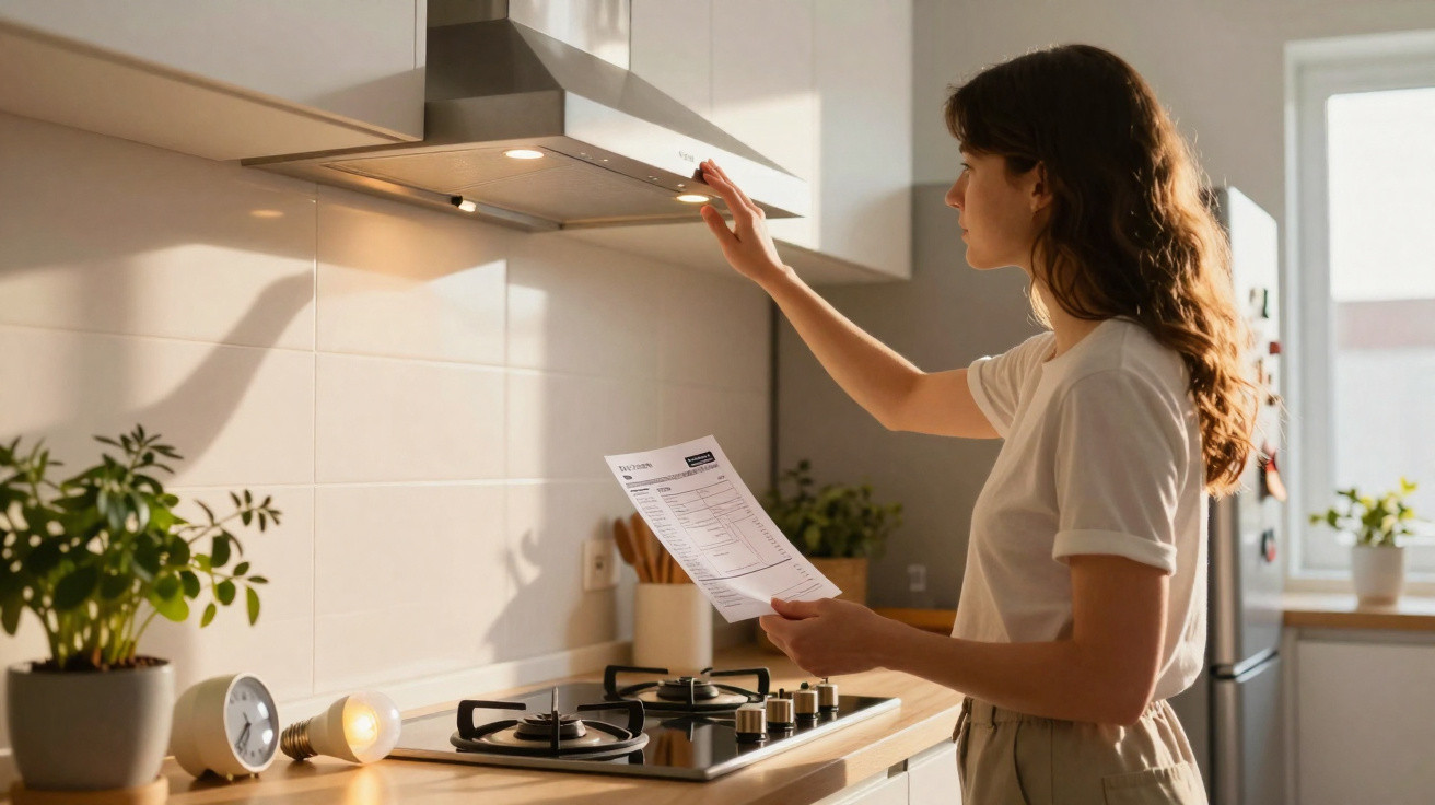 Mulher na cozinha lendo instruções enquanto liga exaustor acima do fogão a gás.