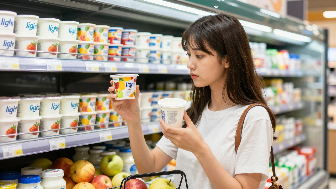 Mulher jovem escolhendo potes de iogurte em prateleira de supermercado com cesta de frutas na mão.