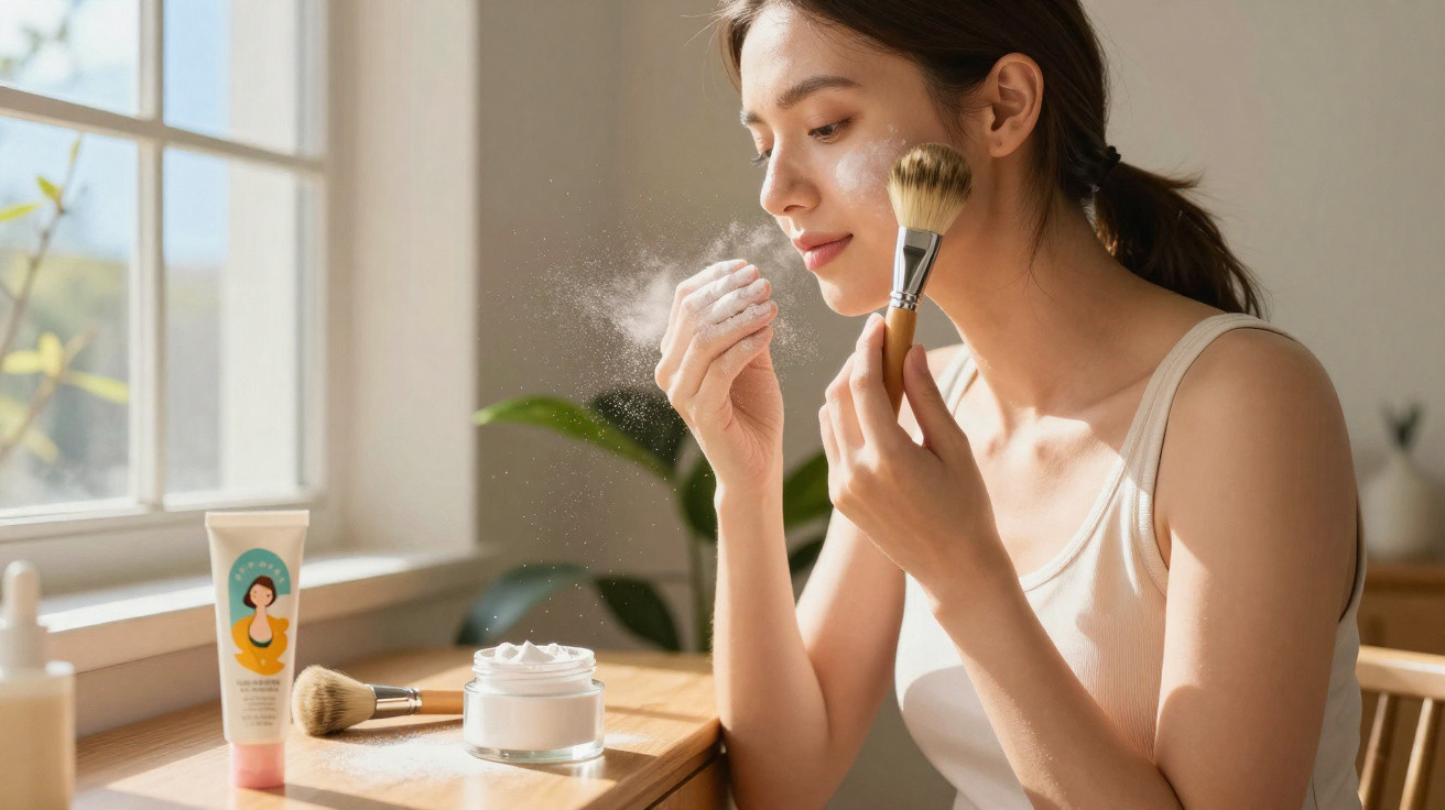 Mulher aplicando pó facial com pincel em ambiente claro próximo à janela, em rotina de beleza.