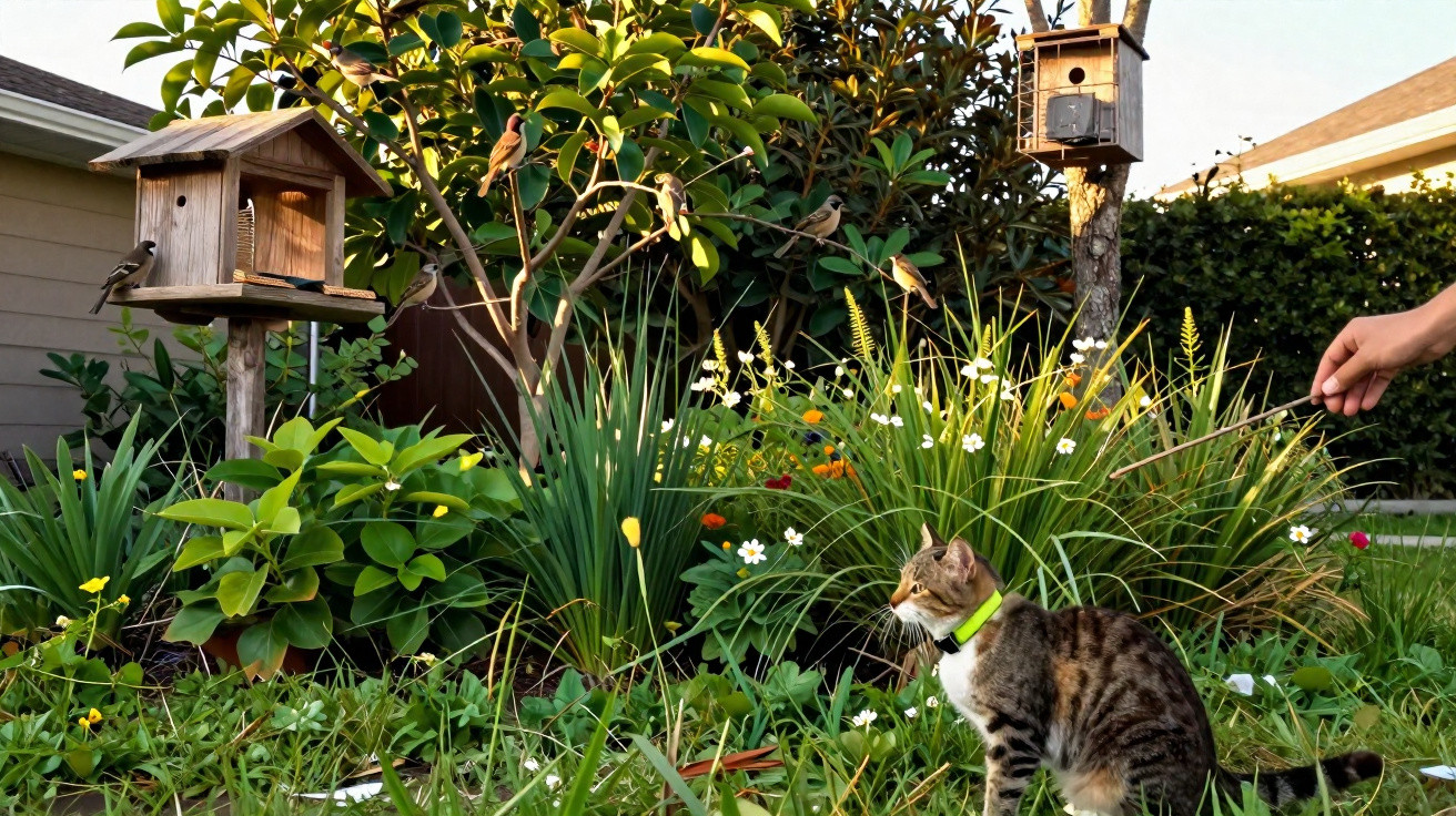 Gato com coleira verde observa pássaros em jardim com plantas e casinhas de madeira para pássaros.