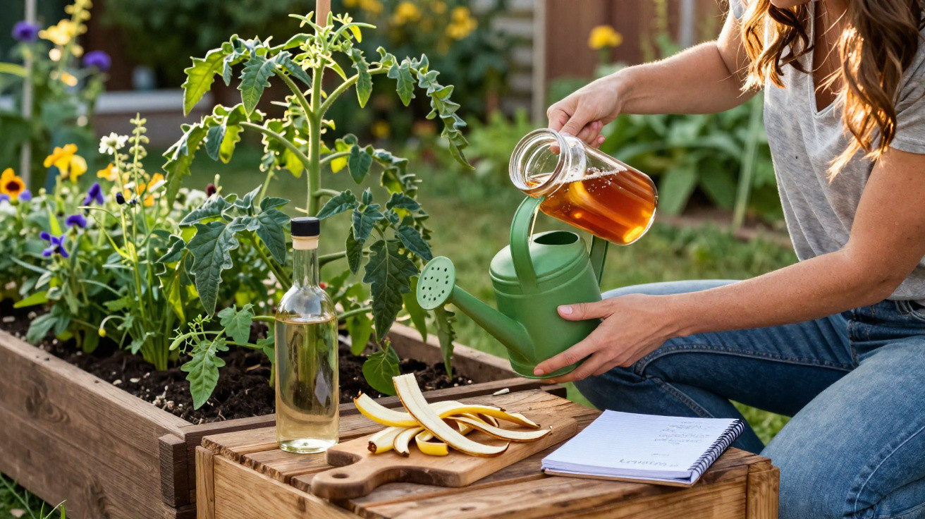 Mulher derramando líquido em regador ao lado de plantas, cascas de banana e caderno em jardim.