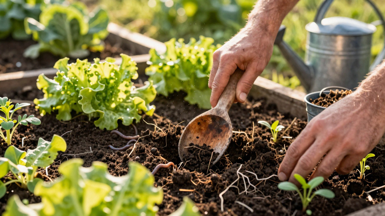 Mãos plantando mudas em horta com alface, usando colher de madeira para cavar na terra.