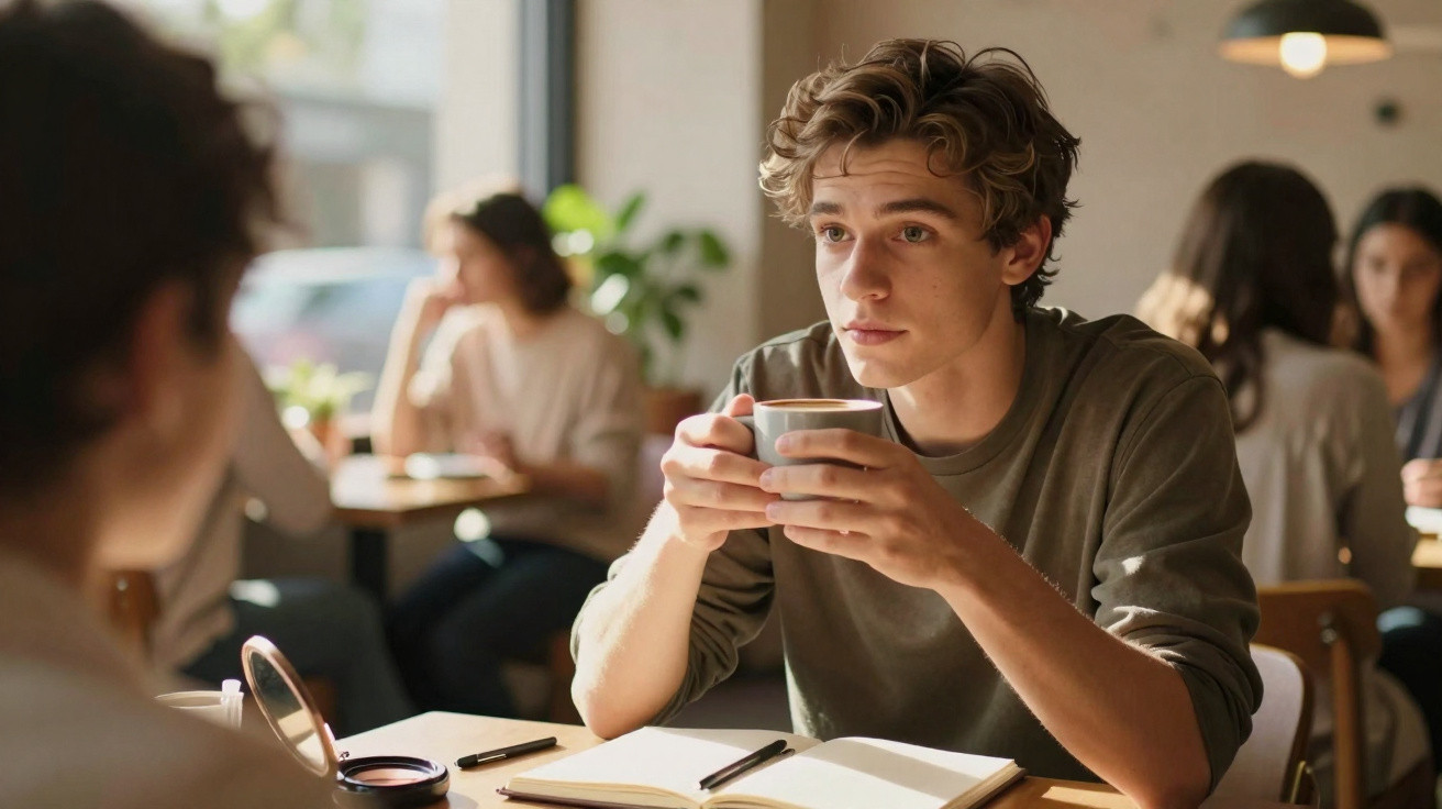 Jovem segurando xícara de café, sentado em mesa de cafeteria com caderno aberto à sua frente.