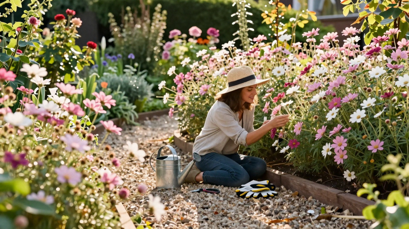 Mulher de chapéu cuida de flores coloridas em jardim com regador e luvas ao lado.