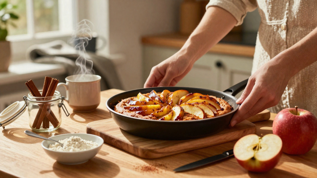 Pessoa segurando panela com torta de maçã, mesa de madeira com canela, farinha e maçãs frescas.