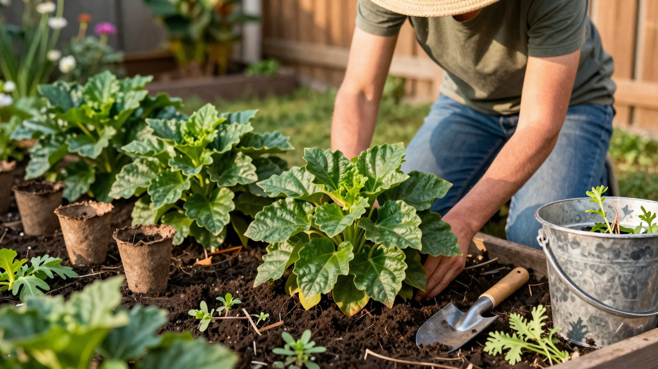 Pessoa com chapéu cuidando de plantas em canteiro de jardim com ferramentas de jardinagem ao lado.