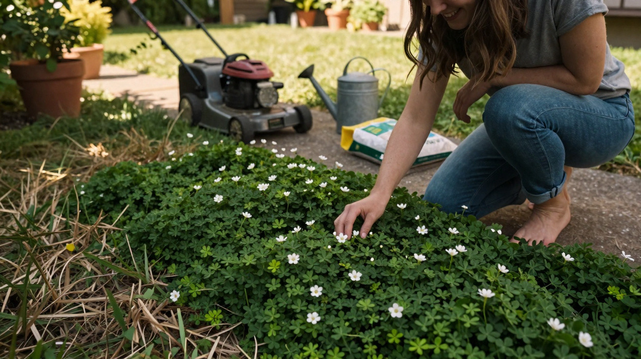 Mulher agachada cuidando de plantas com flores brancas em jardim, com cortador de grama e regador ao fundo.