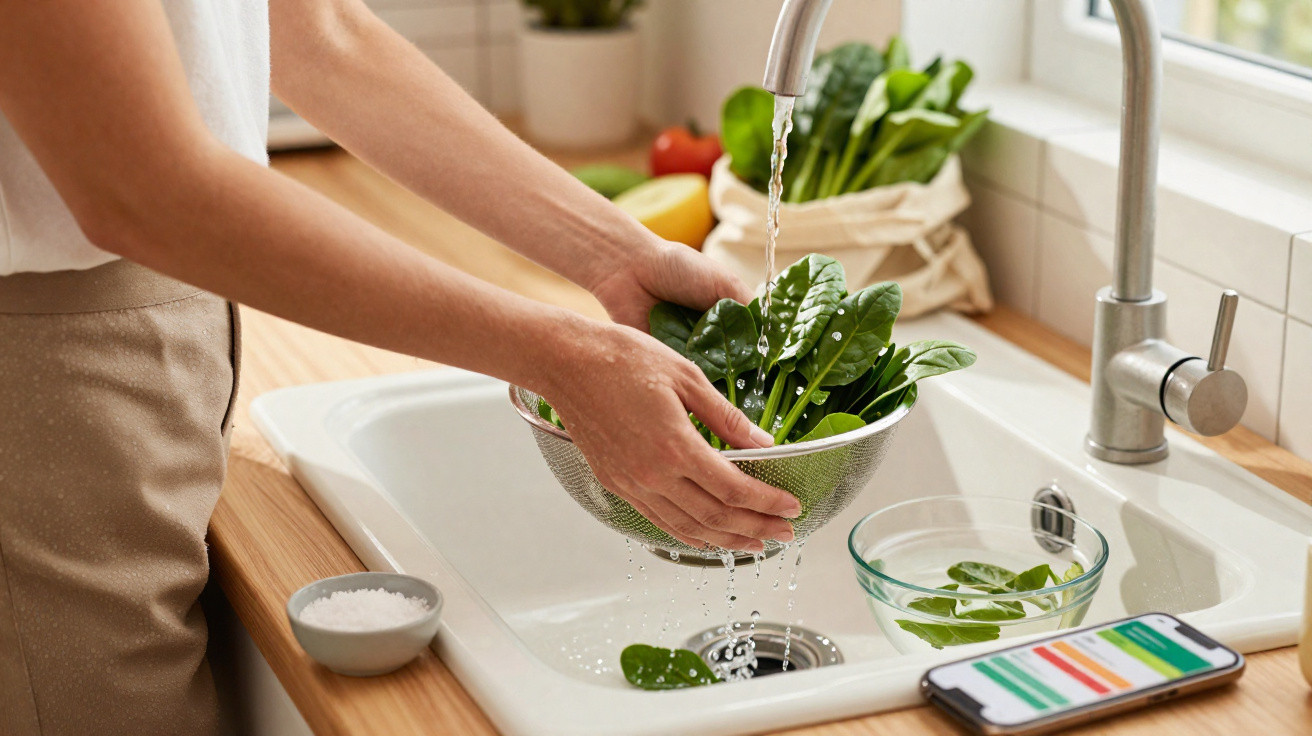 Pessoa lavando folhas verdes em uma pia com água corrente e utensílios na cozinha.