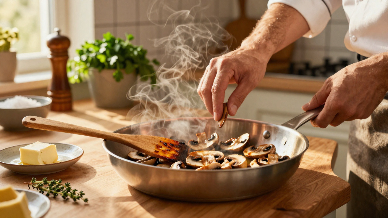 Pessoa temperando cogumelos dourando em frigideira com madeira, em cozinha iluminada e decorada com plantas.