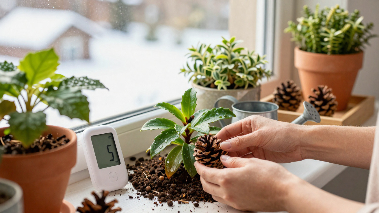 Mãos seguram uma pinha junto a plantas em vasos sobre peitoril de janela, com medidor digital ao lado.
