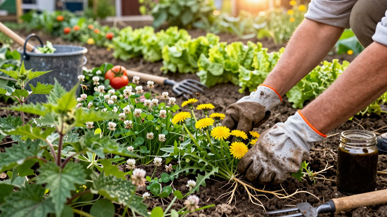 Pessoa usando luvas removendo dente-de-leão em jardim com plantas e flores variadas.