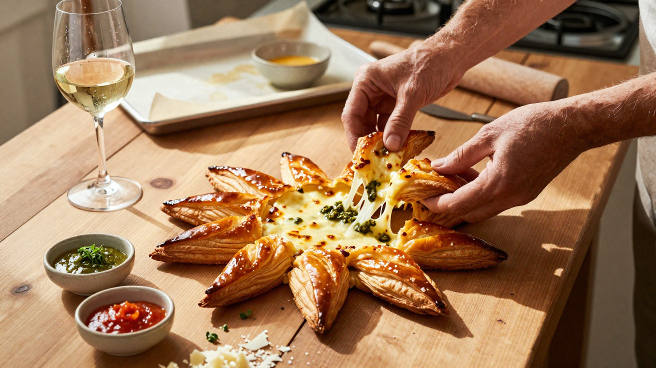 Pessoa puxando um pedaço de torta folhada em formato de estrela com queijo derretido e molho pesto na mesa.