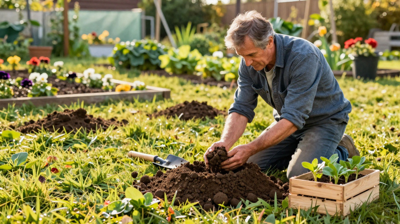 Homem adulto ajoelhado cuidando da terra em jardim com mudas e flores ao redor.