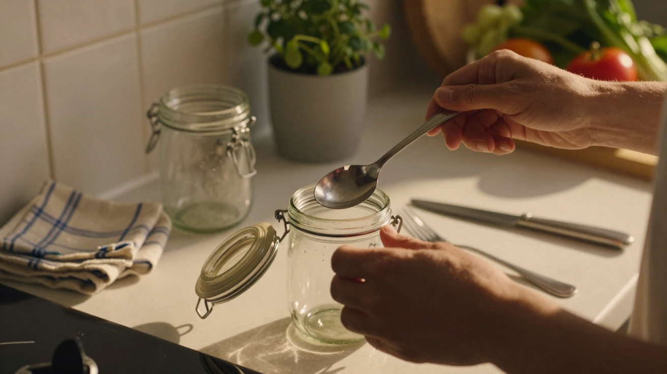 Mãos segurando uma colher e um pote de vidro aberto sobre bancada de cozinha com utensílios e plantas ao fundo.