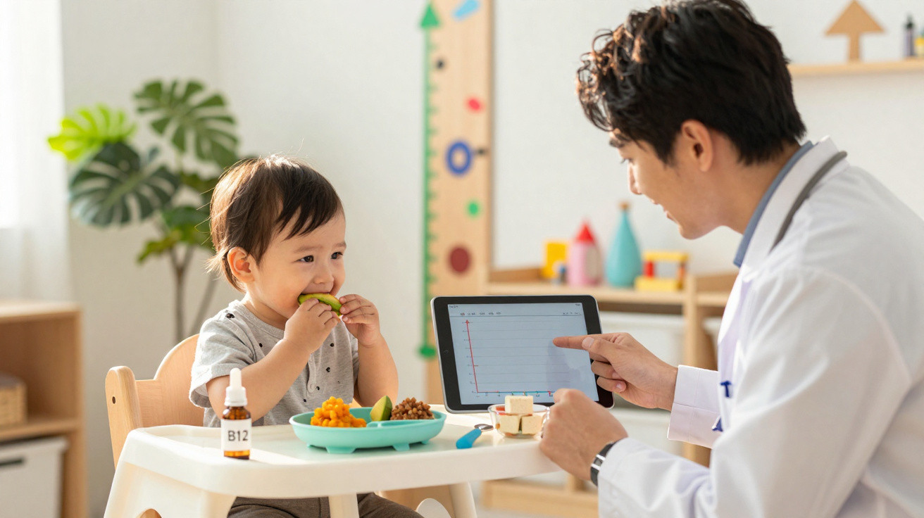 Criança comendo frutas enquanto pediatra explica gráfico em tablet em ambiente claro e colorido.