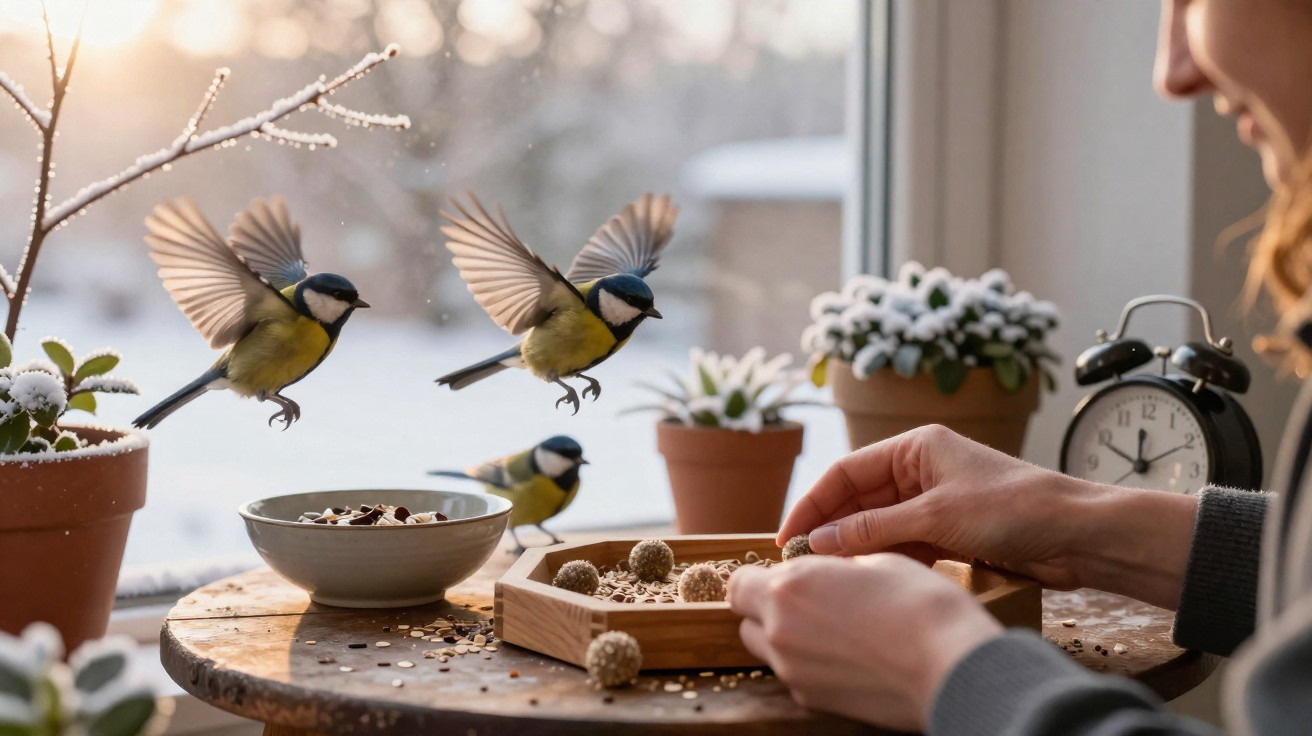 Pássaros voando perto de uma mulher alimentando aves em uma mesa com plantas e relógio ao fundo.