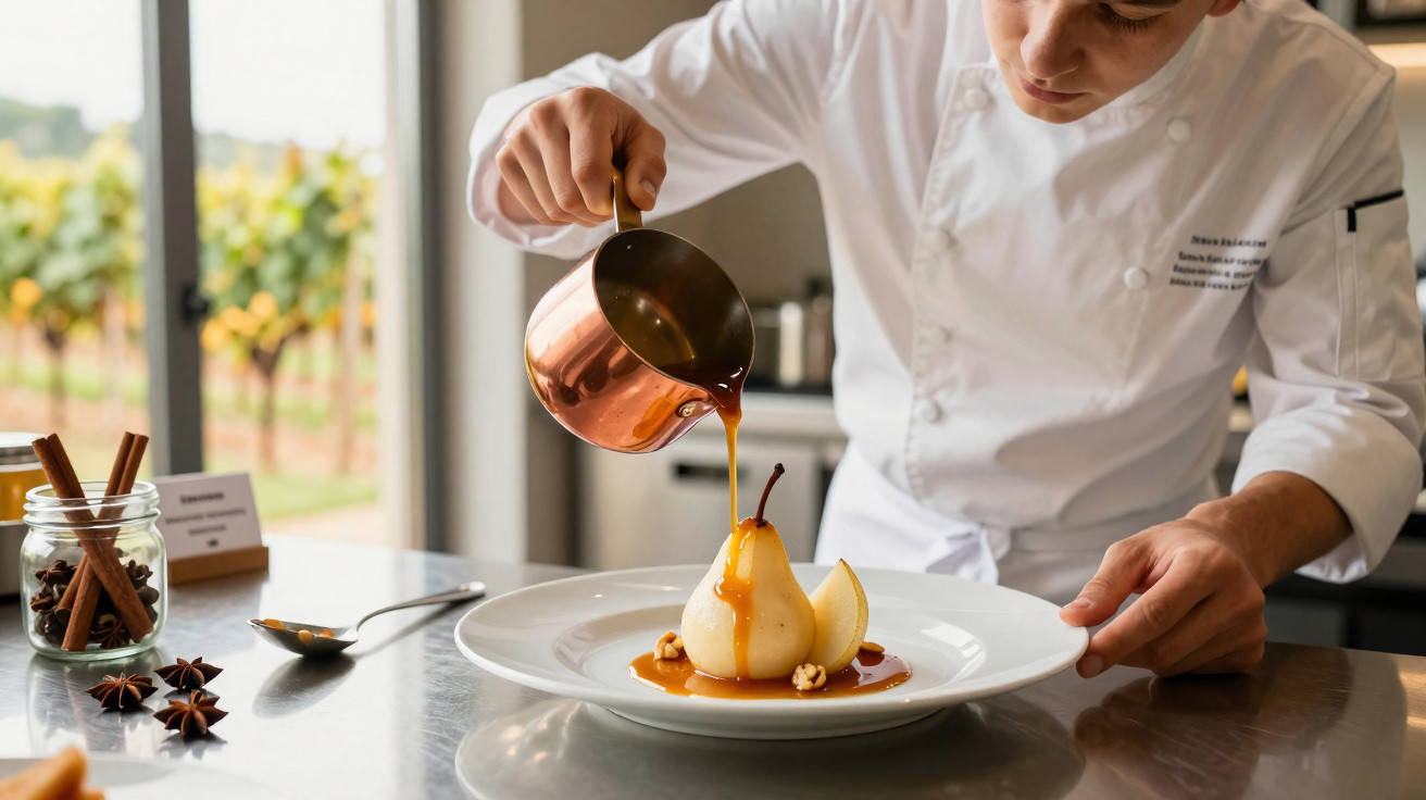 Chef derrama molho caramelizado sobre pera cozida servida com nozes em prato branco, em cozinha iluminada.