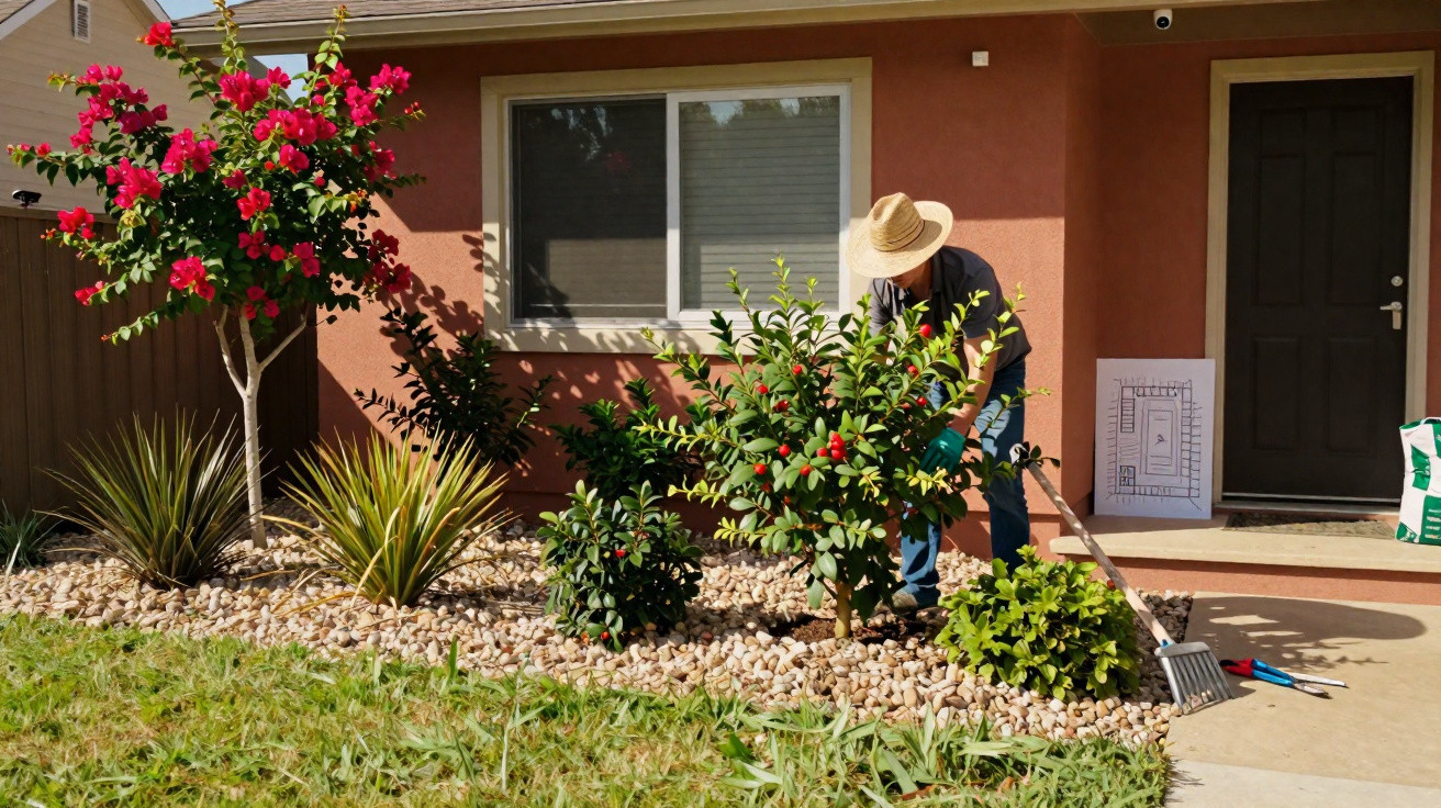 Pessoa cuidando de plantas em jardim com seixos, flores vermelhas e árvore em frente a casa.