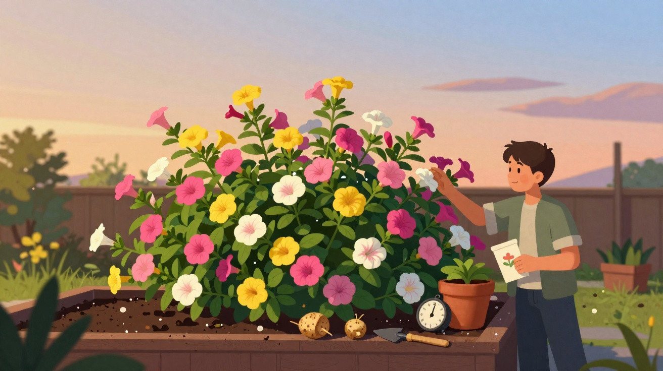 Ilustração de menino cuidando de flores coloridas em jardim elevado ao pôr do sol.