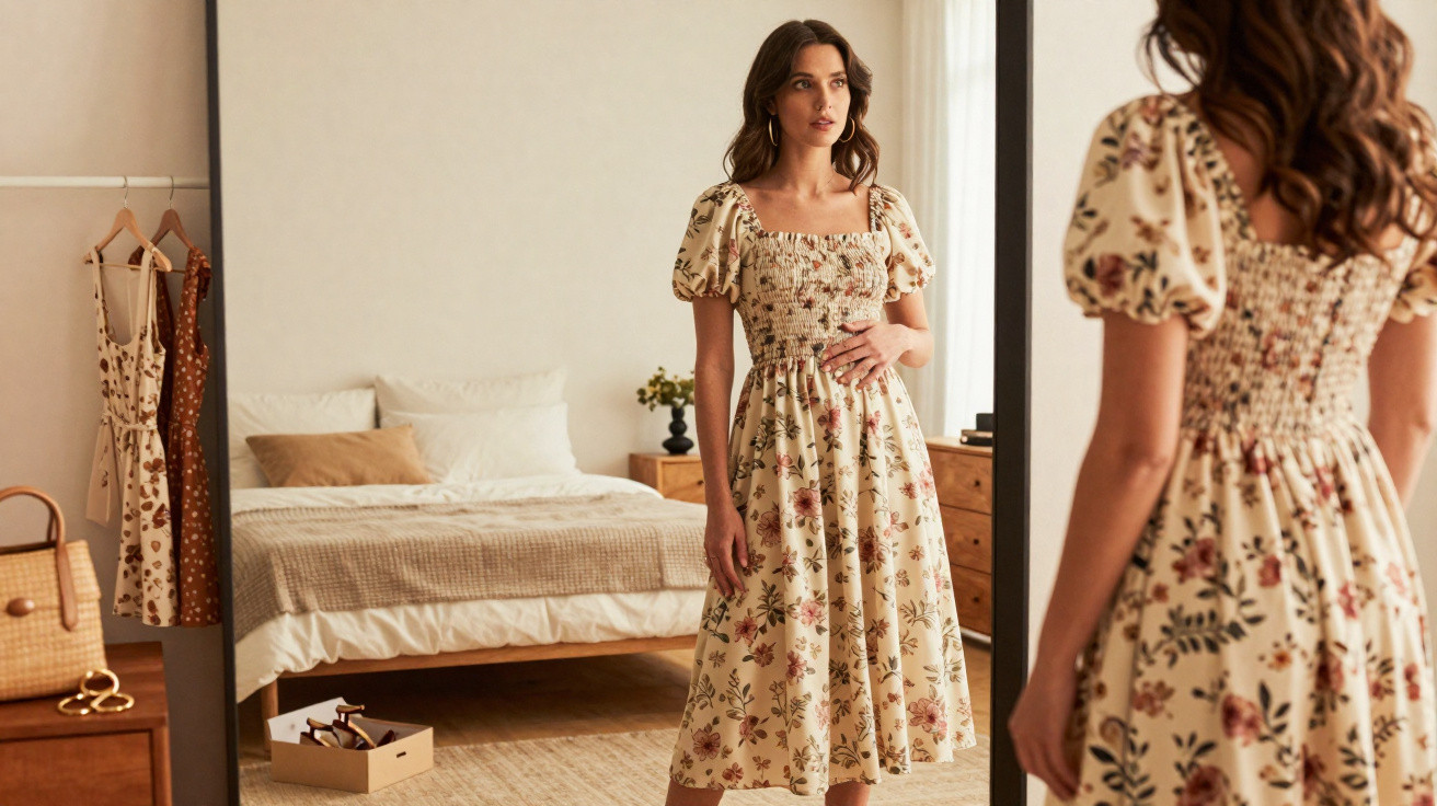 Mulher vestindo vestido floral bege, olhando para espelho em quarto com decoração neutra e roupas penduradas.