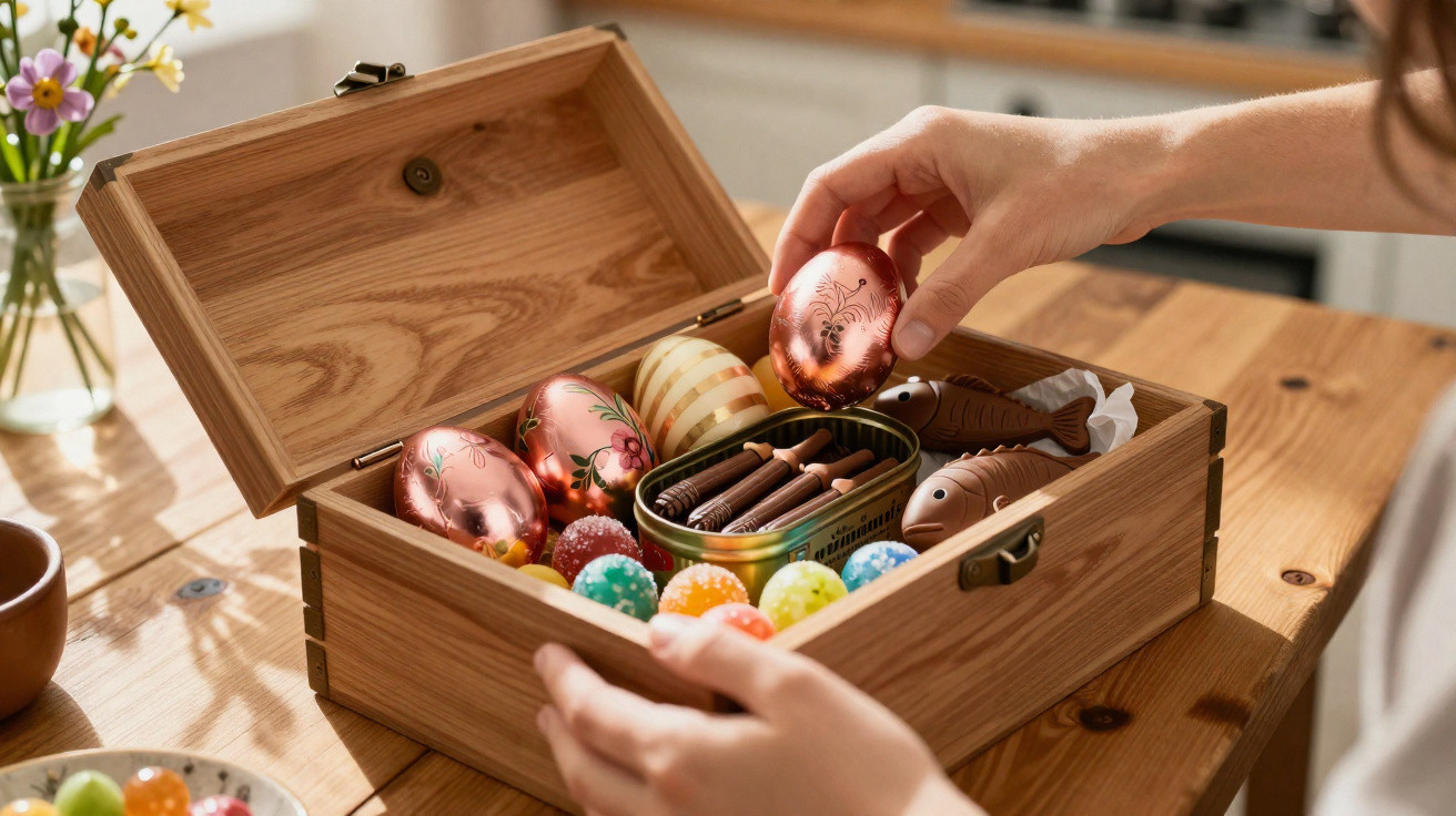 Caixa de madeira aberta com ovos de Páscoa decorados, chocolates e bala de goma colorida sobre mesa.