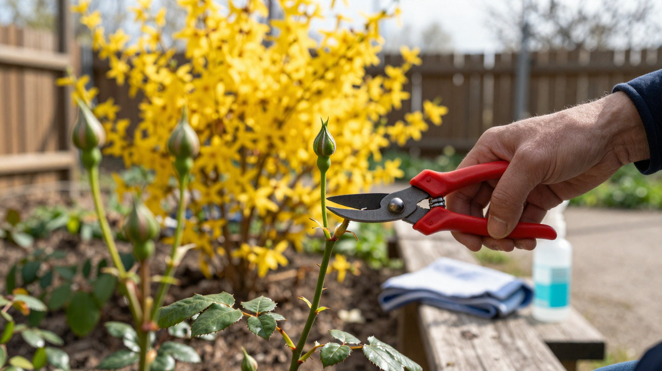 Mão segurando tesoura de poda vermelha cortando caule de planta em jardim com arbusto amarelo ao fundo.