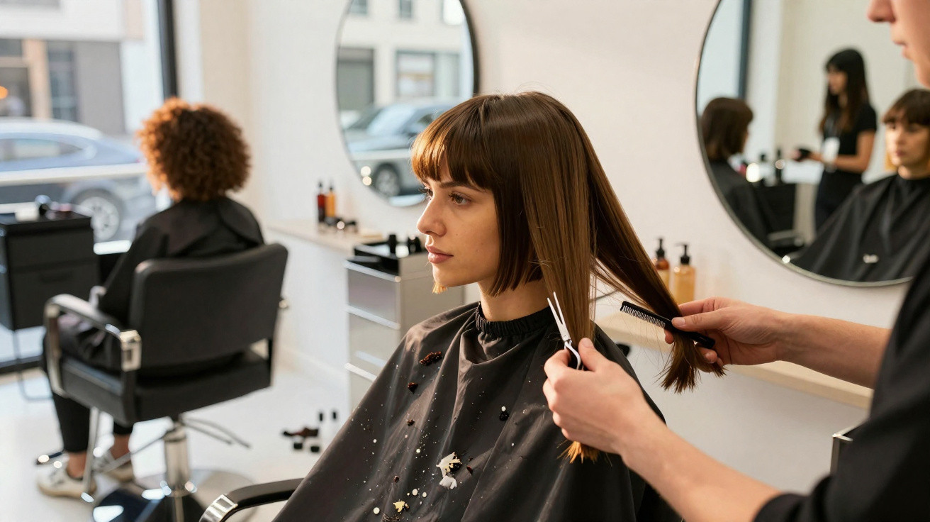 Mulher com cabelo castanho sendo cortado por cabeleireiro em salão moderno com outra cliente ao fundo.