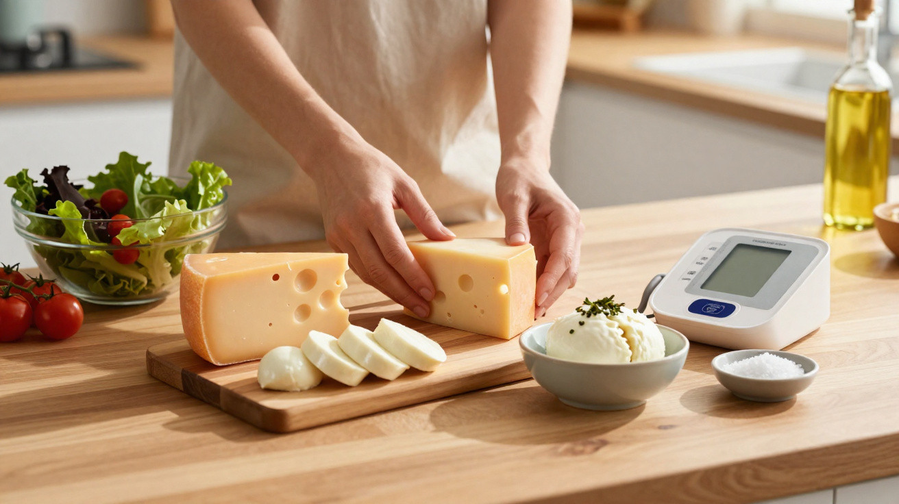 Pessoa segurando queijo suíço em tábua, com queijos variados, salada, sal e medidor ao fundo.